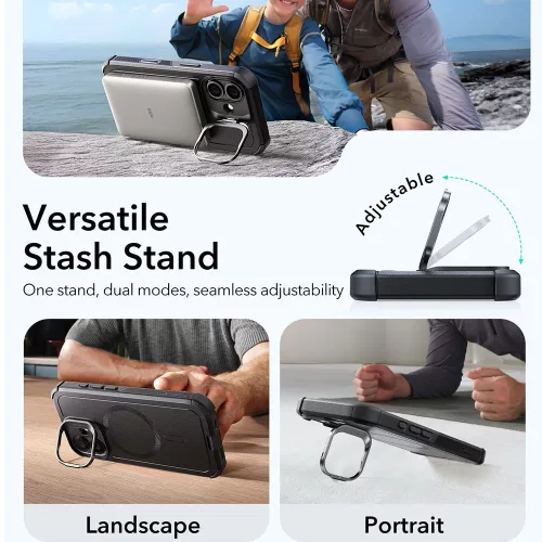 iPhone 17, Ütésálló MagSafe-es tok, kitámasztóval, háromrétegű védelemmel - Fekete - ESR - Cyber Armor Kickstand