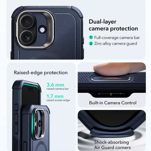 iPhone 17, Ütésálló MagSafe-es tok, kitámasztóval, háromrétegű védelemmel - Kék - ESR - Cyber Armor Kickstand