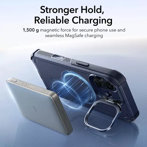 iPhone 17, Ütésálló MagSafe-es tok, kitámasztóval, háromrétegű védelemmel - Kék - ESR - Cyber Armor Kickstand