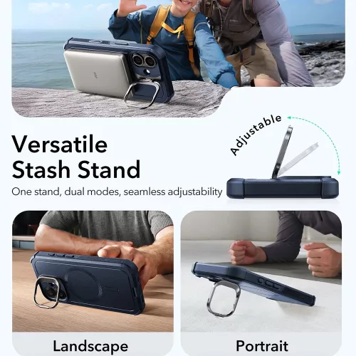 iPhone 17, Ütésálló MagSafe-es tok, kitámasztóval, háromrétegű védelemmel - Kék - ESR - Cyber Armor Kickstand
