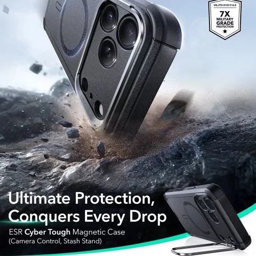 iPhone 17 Pro, Ütésálló MagSafe-es tok, kitámasztóval, háromrétegű védelemmel - Fekete - ESR - Cyber Armor Kickstand