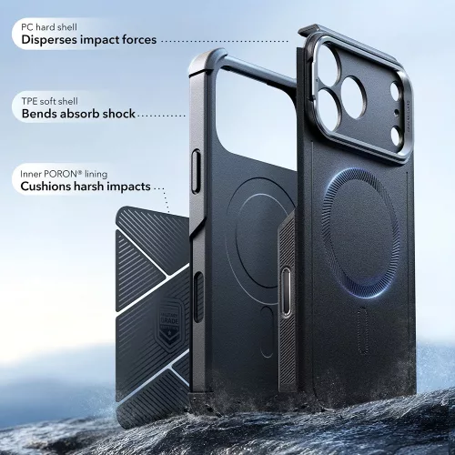 iPhone 17 Pro, Ütésálló MagSafe-es tok, kitámasztóval, háromrétegű védelemmel - Fekete - ESR - Cyber Armor Kickstand
