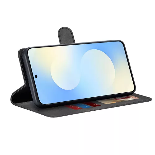 Samsung Galaxy S25 FE, Kinyitható kártyatartós Ökobőr tok állványfunkcióval - Fekete - Techsuit Diary Book