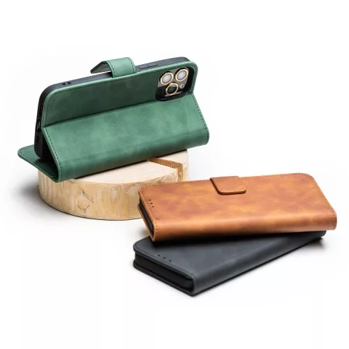 Samsung Galaxy A55 5G, Mágneses kinyitható hasított ECO bőr tok, belső kártyatartó zsebbel - Zöld - TENDER