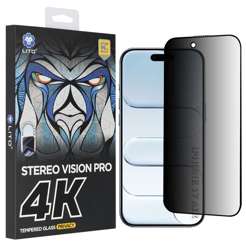iPhone 17 Air Privacy kijelzővédő fólia - Betekintésgátló, 9H edzett üveg, 3D teljes kijelzős illeszkedés, ujjlenyomat-mentes - Lito D+ Max 4K Privacy