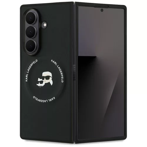 Samsung Galaxy Z Fold7, Karl Lagerfeld - MagSafe-es Bőr tok Karl & Choupette Heads mintával - Fekete