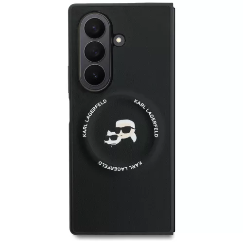 Samsung Galaxy Z Fold7, Karl Lagerfeld - MagSafe-es Bőr tok Karl & Choupette Heads mintával - Fekete