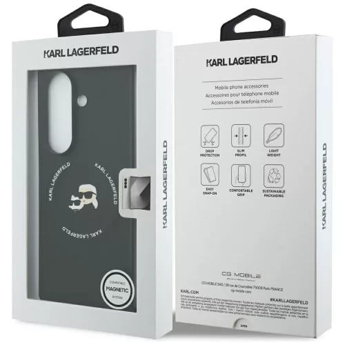 Samsung Galaxy Z Fold7, Karl Lagerfeld - MagSafe-es Bőr tok Karl & Choupette Heads mintával - Fekete