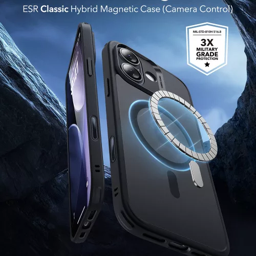 iPhone 17, Ütésállő MagSafe-es tok, Kameravédelemmel, Légpárnás sarkokkal - Matt Fekete - ESR Classic Hybrid HaloLock