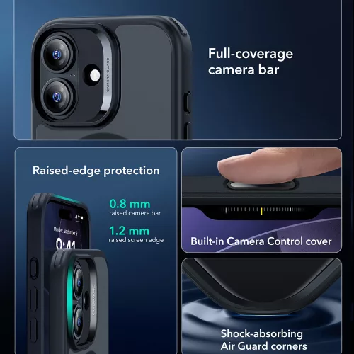 iPhone 17, Ütésállő MagSafe-es tok, Kameravédelemmel, Légpárnás sarkokkal - Matt Fekete - ESR Classic Hybrid HaloLock