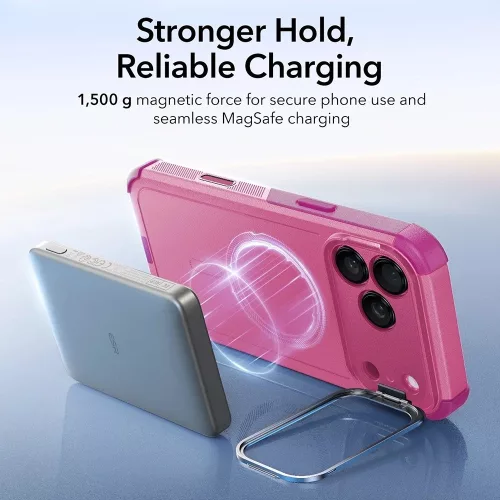 iPhone 17 Pro Max, Ütésálló MagSafe-es tok, kitámasztóval, háromrétegű védelemmel - Rózsaszín - ESR - Cyber Armor Kickstand
