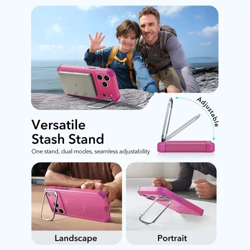 iPhone 17 Pro Max, Ütésálló MagSafe-es tok, kitámasztóval, háromrétegű védelemmel - Rózsaszín - ESR - Cyber Armor Kickstand