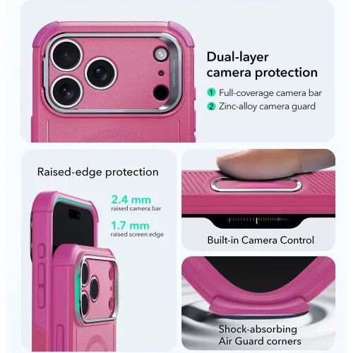 iPhone 17 Pro Max, Ütésálló MagSafe-es tok, kitámasztóval, háromrétegű védelemmel - Rózsaszín - ESR - Cyber Armor Kickstand