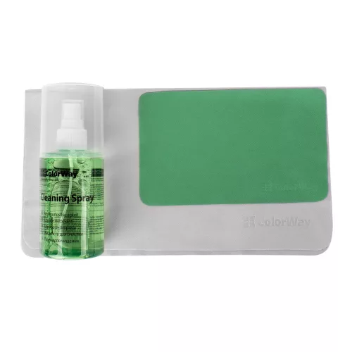 Tisztító készlet - TFT/LCD monitorokhoz/kijelzőkhöz, 200 ml tisztító folyadék, 2 db szilikon mikroszálas kendő - ColorWay CW-5200 