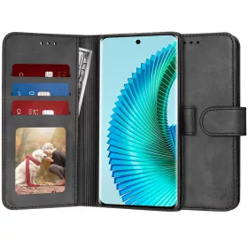   Honor Magic 6 Lite, Kinyitható kártyatartós Ökobőr tok állványfunkcióval - Fekete - Techsuit Diary Book