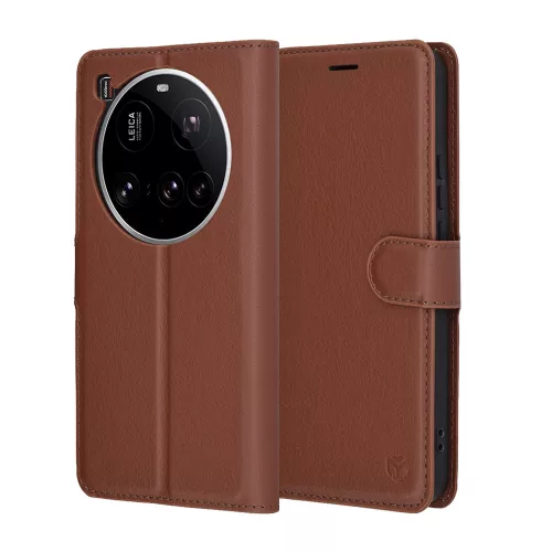 Xiaomi 15 Ultra, Kinyitható kártyatartós Ökobőr tok állványfunkcióval - Barna - Techsuit Leather Folio