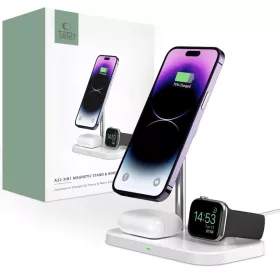   Tech-Protect A22 3 az 1-ben MagSafe iPhone + Apple Watch + AirPods Qi vezeték nélküli töltő állvány - Fehér