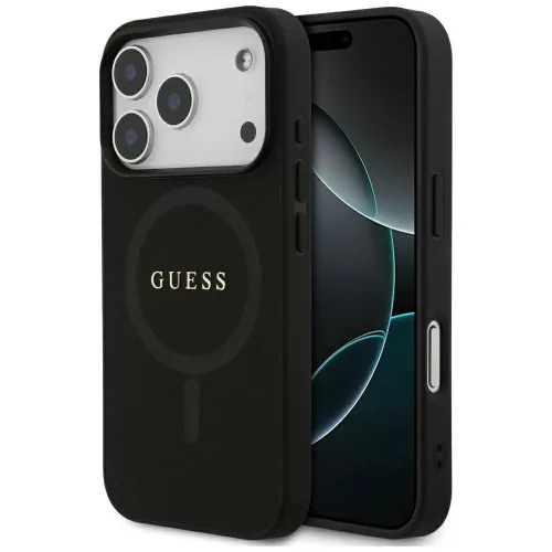 iPhone 17 Pro, Guess - Saffiano Classic Logo, Kígyó mintás MagSafe tok - Fekete