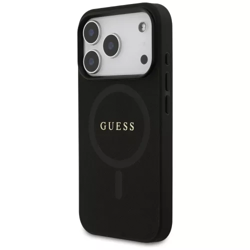 iPhone 17 Pro, Guess - Saffiano Classic Logo, Kígyó mintás MagSafe tok - Fekete