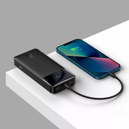 Baseus Bipow powerbank/külső akkumulátor - Digitális kijelző, 2x USB, USB-C, 20000mAh, 20W, Micro-USB - Fekete