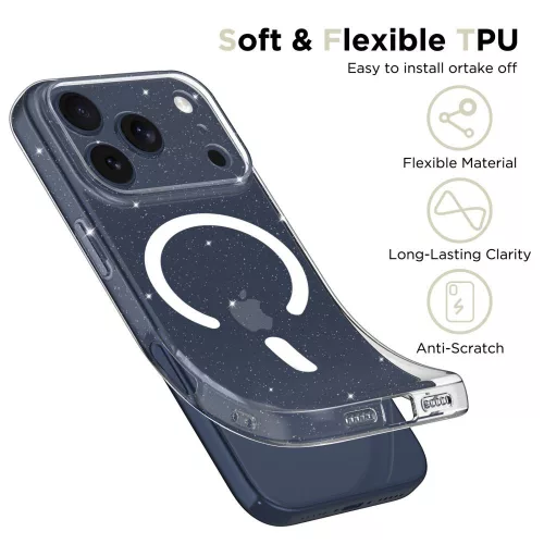 iPhone 17 Pro Max, Tech-Protect FlexAir MagSafe csillámos védőtok - Átlátszó
