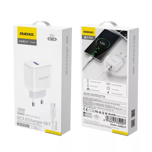 Dudao A20EU fali töltő adapter USB-A 18W + USB-A - USB-C kábel – fehér