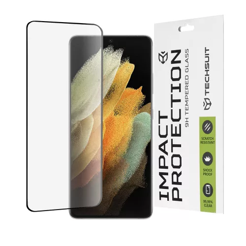 Techsuit - 111D Full Cover / Full Glue üvegfólia / 3D kerekített szélű kijelzőhöz - Samsung Galaxy S21 Ultra 5G - Fekete széllel
