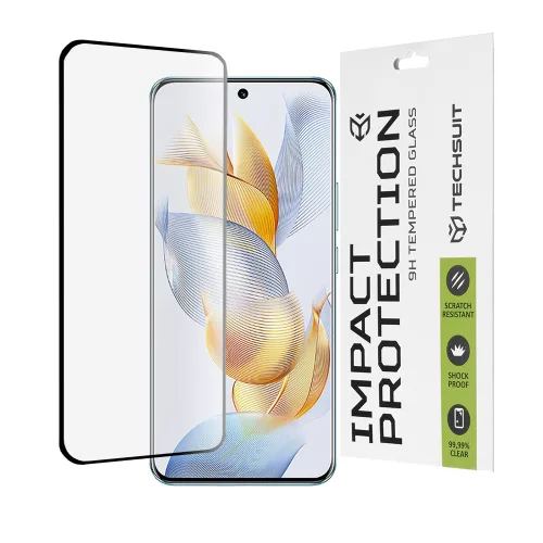 Techsuit - 111D Full Cover / Full Glue üvegfólia / 3D kerekített szélű kijelzőhöz - Honor 90 - Fekete széllel