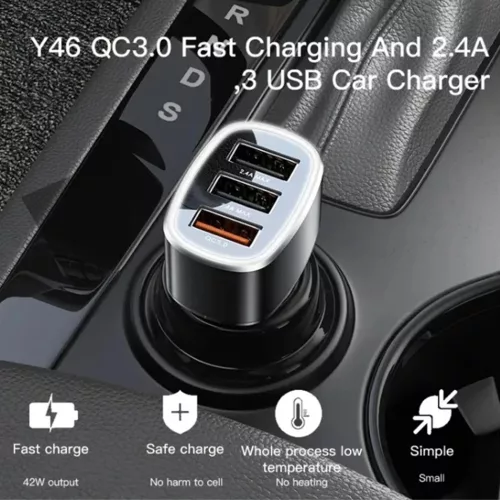 Yesido - Car Charger (Y46) - 3x USB, 2.4A, Q.C3.0, Fast Charging, 42W - Black