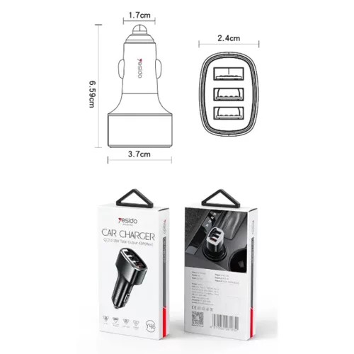 Yesido - Car Charger (Y46) - 3x USB, 2.4A, Q.C3.0, Fast Charging, 42W - Black