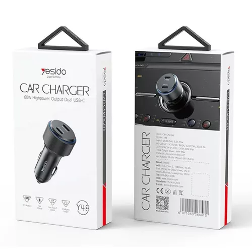 Yesido - Car Charger (Y48) - 2x Type-C, Fast Charging, 60W - Black