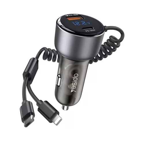Yesido - Car Charger (Y58) - USB, Type-C, with Cable Lightning, Type-C, Fast Charging, 60W, 120cm - Grey