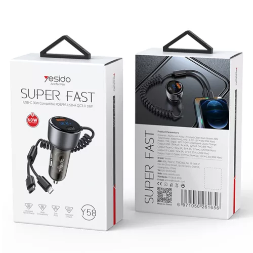 Yesido - Car Charger (Y58) - USB, Type-C, with Cable Lightning, Type-C, Fast Charging, 60W, 120cm - Grey