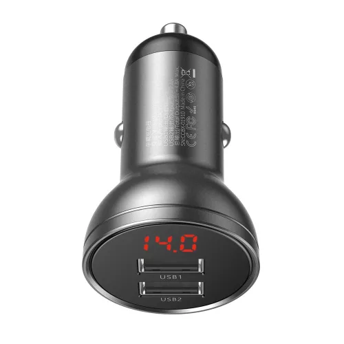 Baseus - Car Charger (CCBX-0G) - Digital Display, 2x USB-A, 24W - Gray