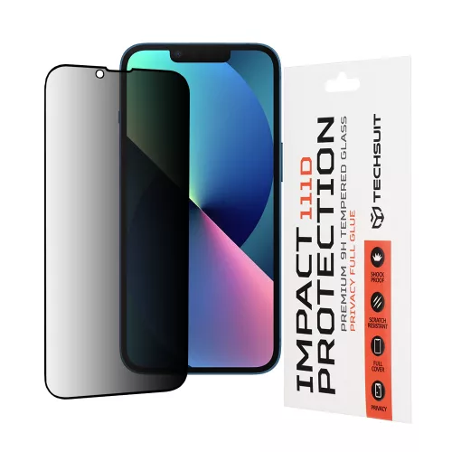 Techsuit - 111D Privacy betekintésgátló üvegfólia - iPhone 13 / iPhone 13 Pro / iPhone 14 / iPhone 16e / iPhone 17e - Fekete