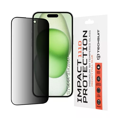 Techsuit - 111D Privacy betekintésgátló üvegfólia - iPhone 15 Plus / iPhone 16 Plus - Fekete