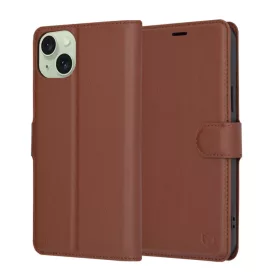   Techsuit - Leather Folio kinyitható tok - iPhone 15 Plus - Barna