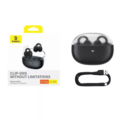 Baseus - Vezeték nélküli fülhallgató AirGo 1 Ring (A00069201113-00) - Bluetooth 5.3, TWS, Nyitott Fülre Csipeszes Kialakítás - Fekete Cluster