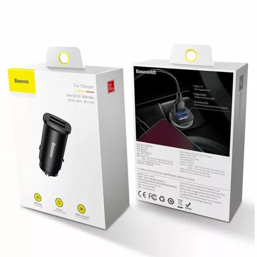 Baseus - Car Charger Square Metal Series (CCALL-DS01) - 2x USB, Quick Charge 3.0, SCP, AFC, 30W - Black