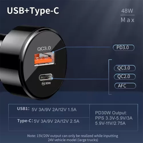 Techsuit - Car Charger Premium (TE-P31) - USB QC3.0 18W, Type-C PD30W, Total 48W, LED Light - Black
