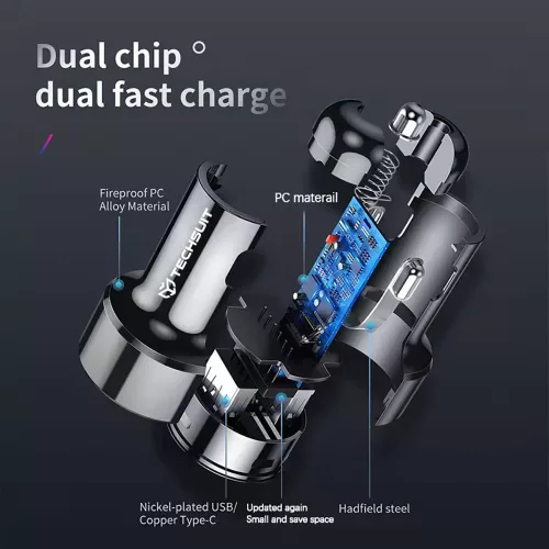 Techsuit - Car Charger Premium (TE-P31) - USB QC3.0 18W, Type-C PD30W, Total 48W, LED Light - Black