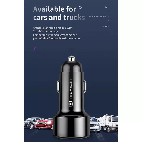 Techsuit - Car Charger Premium (TE-P31) - USB QC3.0 18W, Type-C PD30W, Total 48W, LED Light - Black