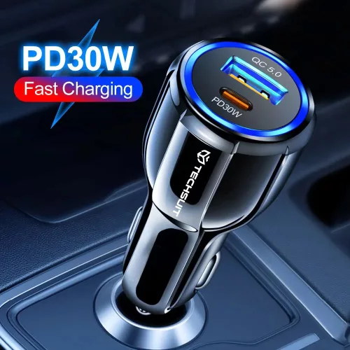 Techsuit - Car Charger Premium (TE-022) - USB-A QC5.0 30W, USB-C PD30W, Total 60W, LED Light - Black