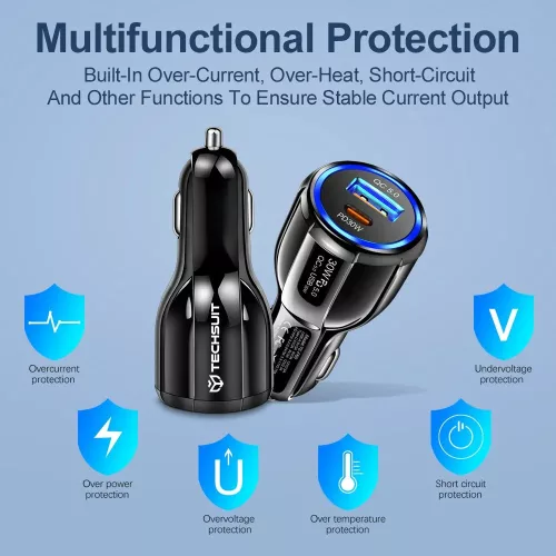 Techsuit - Car Charger Premium (TE-022) - USB-A QC5.0 30W, USB-C PD30W, Total 60W, LED Light - Black