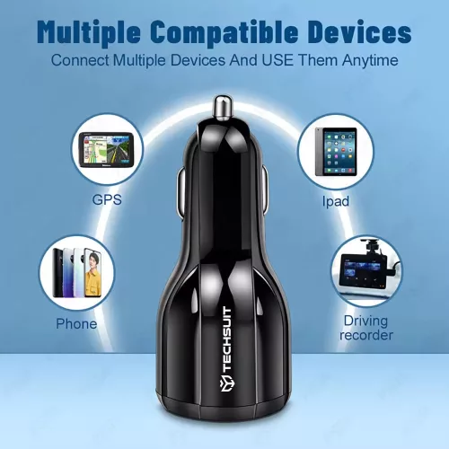 Techsuit - Car Charger Premium (TE-022) - USB-A QC5.0 30W, USB-C PD30W, Total 60W, LED Light - Black