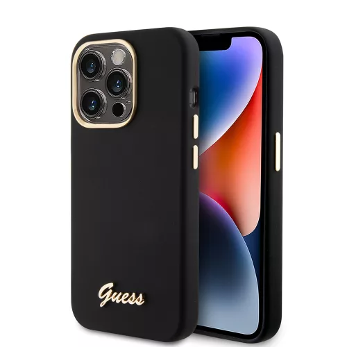 Guess - Szilikon Fém Logó Felirat és Kerettel (GUHCP15LSMBSLK) - iPhone 15 Pro - Fekete