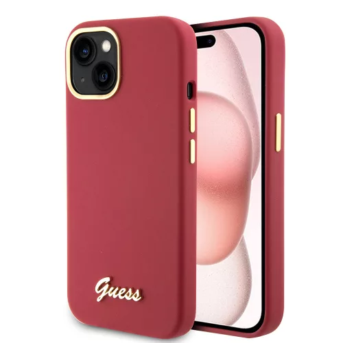 Guess - Szilikon Fém Logó Felirat és Kerettel (GUHCP15SSMBSLM) - iPhone 15 - Piros