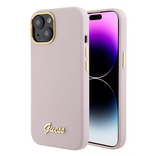 Guess - Szilikon Fém Logó Felirat és Kerettel (GUHCP15SSMBSLP) - iPhone 15 - Világos Rózsaszín