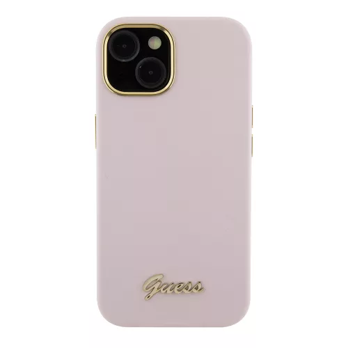 Guess - Szilikon Fém Logó Felirat és Kerettel (GUHCP15SSMBSLP) - iPhone 15 - Világos Rózsaszín