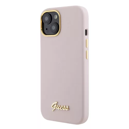 Guess - Szilikon Fém Logó Felirat és Kerettel (GUHCP15SSMBSLP) - iPhone 15 - Világos Rózsaszín